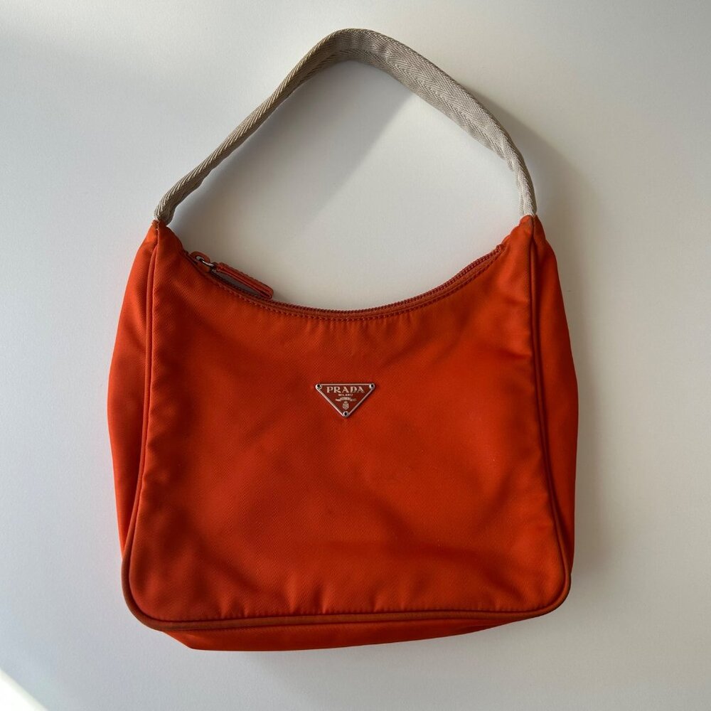Prada Orange Nylon Mini Shoulder Bag With Beige Strap & Zipper Closure